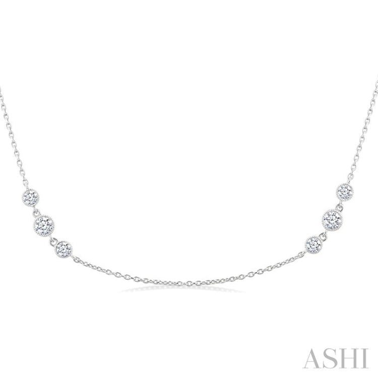 3/4 Ctw Three Stone Bezel Set Round Cut Diamond Station Necklace in 14K White Gold