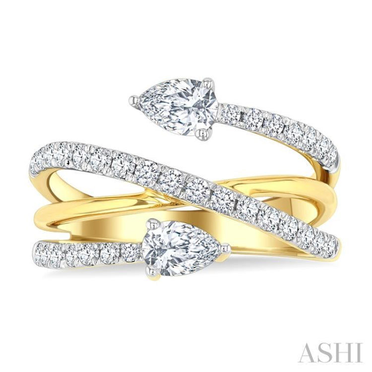 1 Ctw East West Pear and Round Cut Diamond Split Open-End Fashion Ring in 14K Yellow Gold