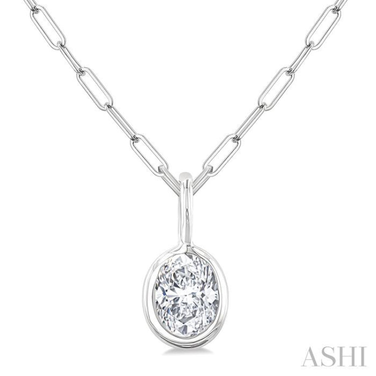 1/5 Ctw Oval Cut Bezel Set Diamond Fashion Pendant With Paperclip Chain in 14K White Gold