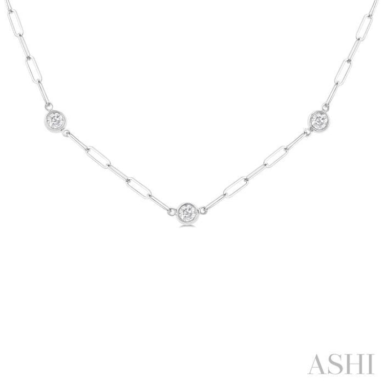 3/4 Ctw Bezel Set Round Cut Diamond Paperclip Station Necklace in 14K White Gold