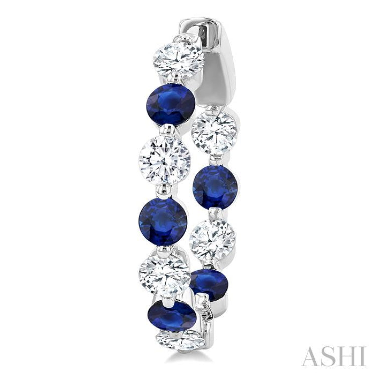 3.3 MM Round Cut Sapphire and 1 5/8 Ctw Round Cut Diamond Precious Inside-Out Alternating Hoop Earrings in 14K White Gold