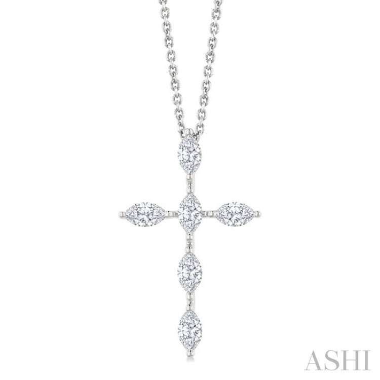 3/4 Ctw Cross 6-Stone Marquise Cut Diamond Fashion Pendant With Chain in 14K White Gold