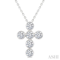 1 Ctw Round Cut Diamond 6-Stone Bezel Set Cross Pendant With Chain in 14K White Gold
