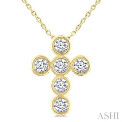 1/2 Ctw Round Cut Diamond 6-Stone Bezel Set Cross Pendant With Chain in 14K Yellow Gold