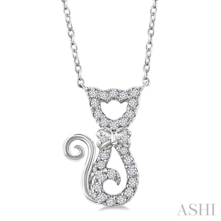 1/10 Ctw Cat Shape Petite Round Cut Diamond Fashion Pendant With Chain in 10K White Gold